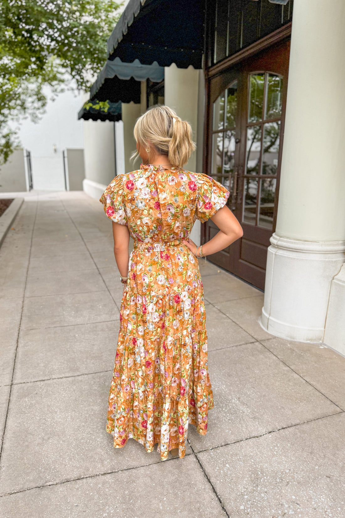 Tan Multi Color Floral Puff Sleeve Maxi Dress