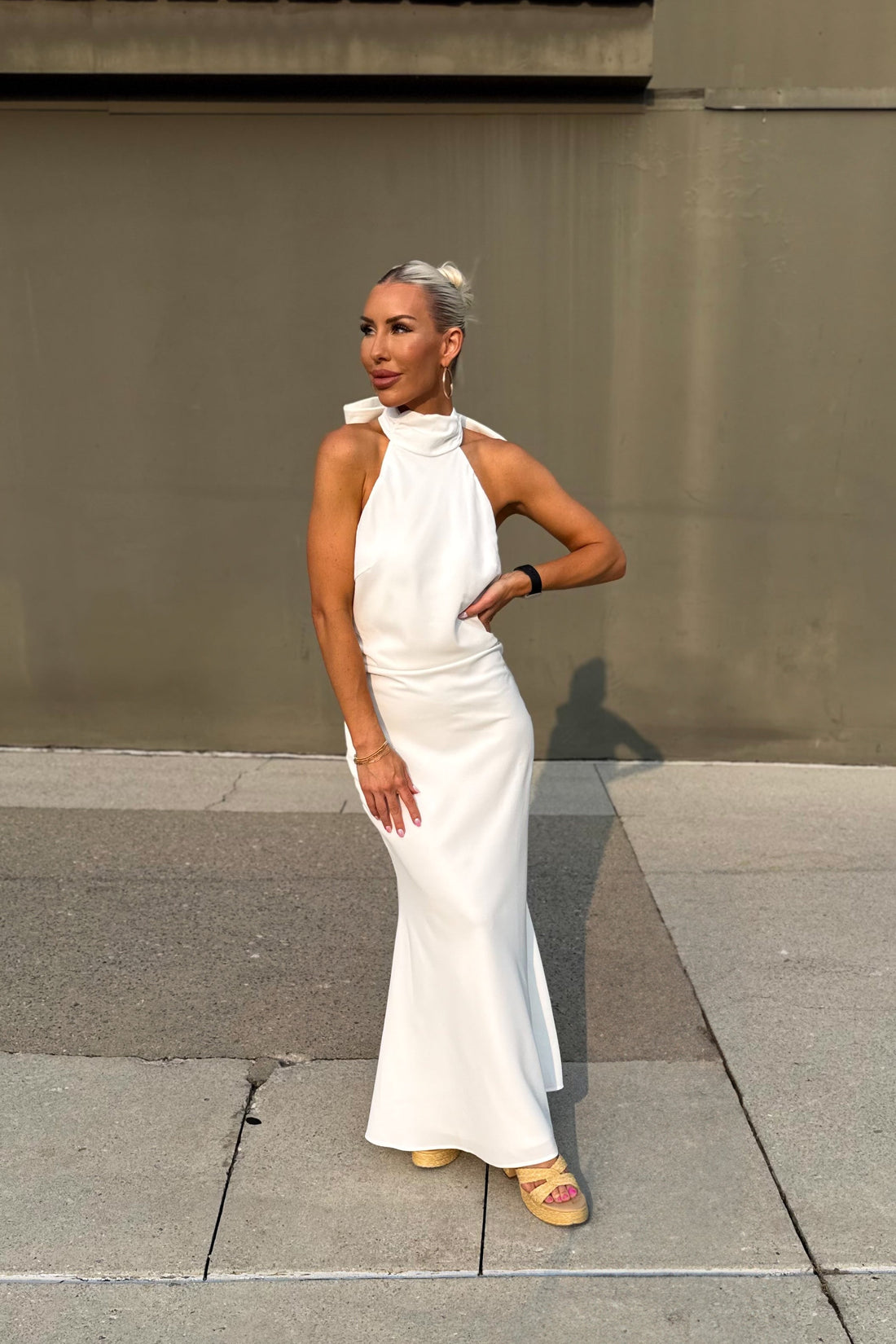 White Mock Neck Bow Detail Maxi Dress