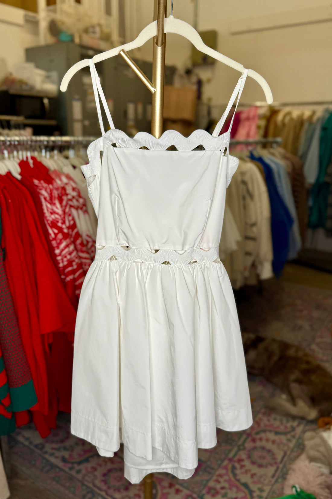 White Ric Rac Trim Mini Dress With Bow Detail